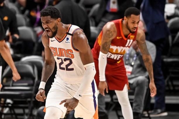 Deandre Ayton of the Phoenix Suns celebrates after scoring against the Denver Nuggets in Game Four of the Western Conference second-round playoff...