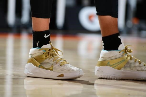 The sneakers worn by Leaonna Odom of the New York Liberty during the game against the Phoenix Mercury on June 13, 2021 at Phoenix Suns Arena in...