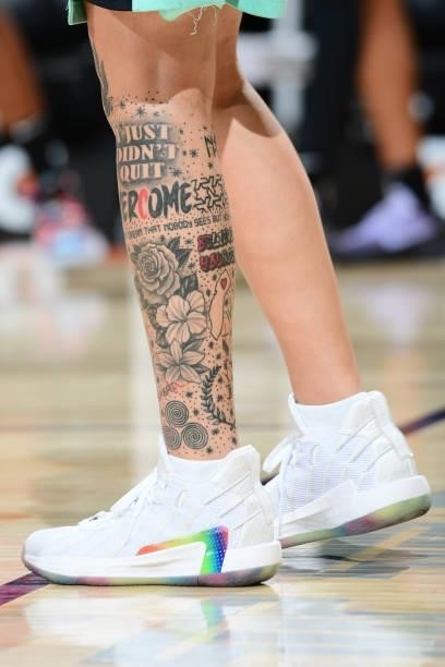 The sneakers worn by Assistant Coach, Jacki Gemelos of the New York Liberty before the game against the Phoenix Mercury on June 13, 2021 at Phoenix...