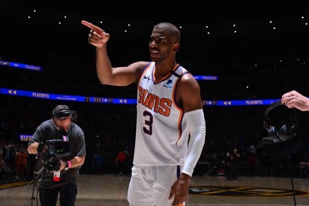 Chris Paul of the Phoenix Suns looks on after the game against the Denver Nuggets during Round 2, Game 4 of the 2021 NBA Playoffs on June 13, 2021 at...
