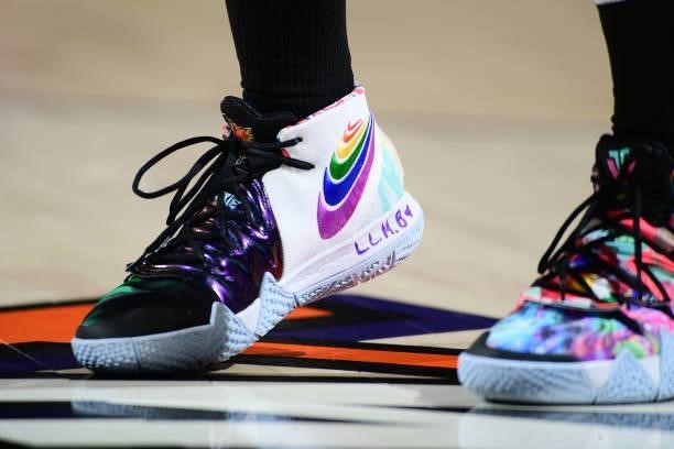 The sneakers worn by Reshanda Gray of the New York Liberty during the game against the Phoenix Mercury on June 13, 2021 at Phoenix Suns Arena in...