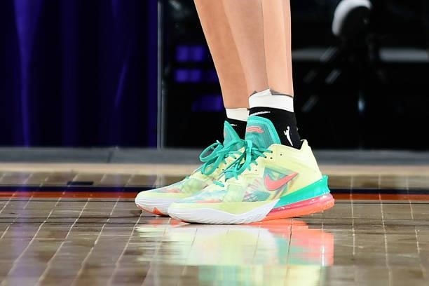 The sneakers worn by Kylee Shook of the New York Liberty during the game against the Phoenix Mercury on June 13, 2021 at Phoenix Suns Arena in...