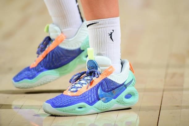 The sneakers worn by Alanna Smith of the Phoenix Mercury during the game against the New York Liberty on June 13, 2021 at Phoenix Suns Arena in...