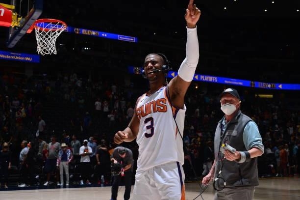 Chris Paul of the Phoenix Suns looks on and celebrates after the game against the Denver Nuggets during Round 2, Game 4 of the 2021 NBA Playoffs on...