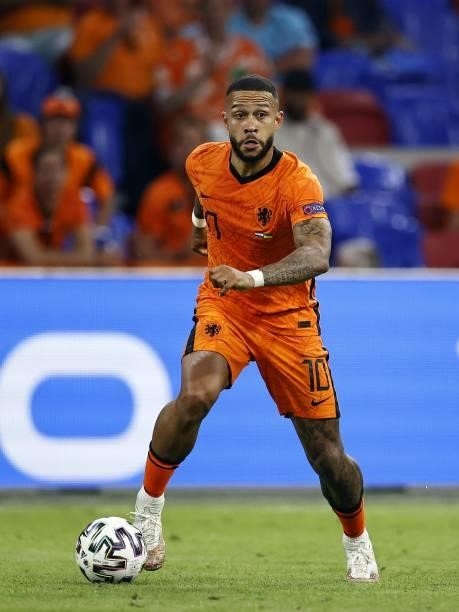 Memphis Depay of Holland during the UEFA EURO 2020 Group C match between the Netherlands and Ukraine at the Johan Cruijff ArenA on June 13, 2021 in...