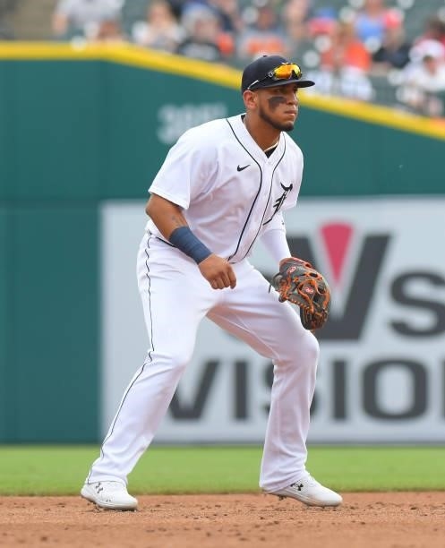 Isaac Paredes of the Detroit Tigers fields during the game against the Chicago White Sox at Comerica Park on June 12, 2021 in Detroit, Michigan. The...