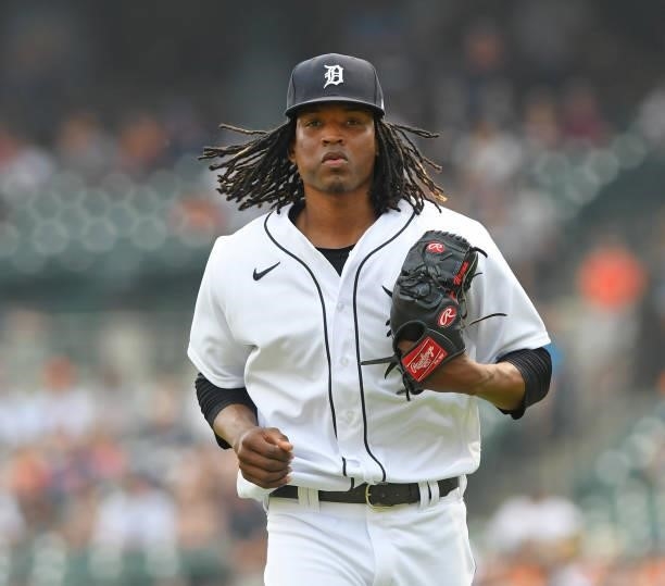 Jose Urena of the Detroit Tigers looks on during the game against the Chicago White Sox at Comerica Park on June 12, 2021 in Detroit, Michigan. The...