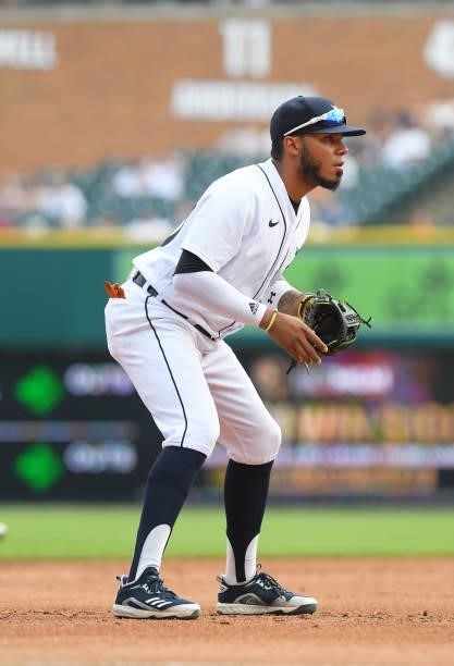Harold Castro of the Detroit Tigers fields during the game against the Chicago White Sox at Comerica Park on June 12, 2021 in Detroit, Michigan. The...