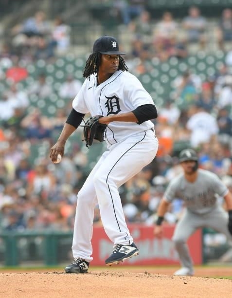 Jose Urena of the Detroit Tigers pitches during the game against the Chicago White Sox at Comerica Park on June 12, 2021 in Detroit, Michigan. The...