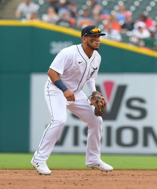 Isaac Paredes of the Detroit Tigers fields during the game against the Chicago White Sox at Comerica Park on June 12, 2021 in Detroit, Michigan. The...