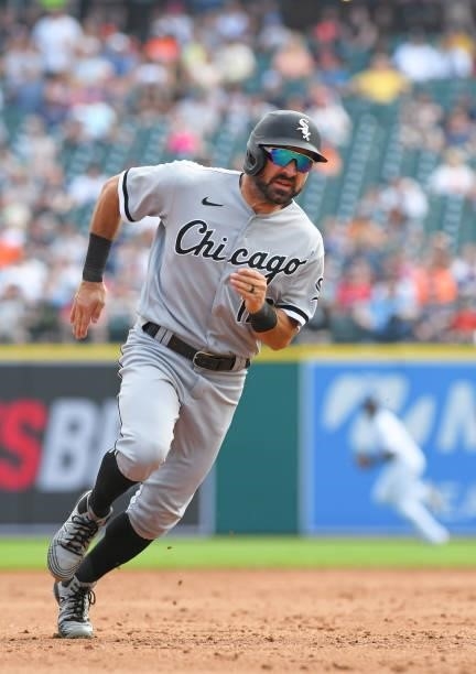 Adam Eaton of the Chicago White Sox runs the bases during the game against the Detroit Tigers at Comerica Park on June 12, 2021 in Detroit, Michigan....