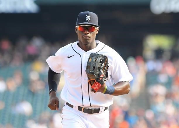 Daz Cameron of the Detroit Tigers looks on during the game against the Chicago White Sox at Comerica Park on June 12, 2021 in Detroit, Michigan. The...