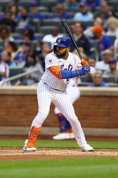 Dominic Smith of the New York Mets in action against the San Diego Padres at Citi Field on June 11, 2021 in New York City. New York Mets defeated the...