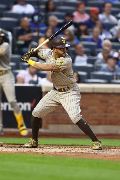 Tommy Pham of the San Diego Padres in action against the New York Mets at Citi Field on June 11, 2021 in New York City. New York Mets defeated the...