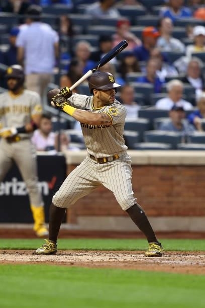 Tommy Pham of the San Diego Padres in action against the New York Mets at Citi Field on June 11, 2021 in New York City. New York Mets defeated the...