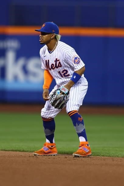 Francisco Lindor of the New York Mets in action against the San Diego Padres at Citi Field on June 11, 2021 in New York City. New York Mets defeated...