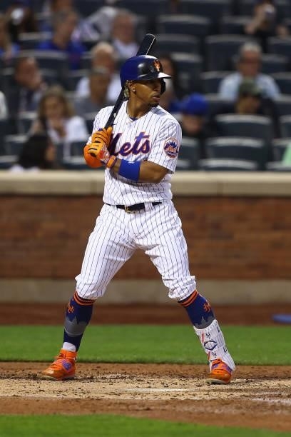 Francisco Lindor of the New York Mets in action against the San Diego Padres at Citi Field on June 11, 2021 in New York City. New York Mets defeated...