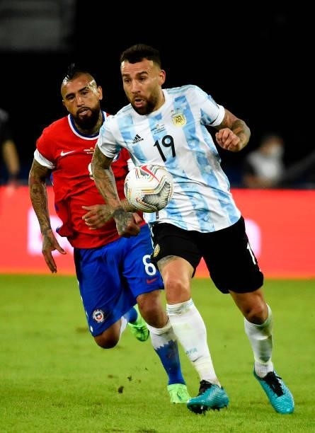 Nicolas Otamendi of Argentina competes for the ball with Arturo Vidal of Chile ,during the match between Argentina and Chile as part of Conmebol Copa...