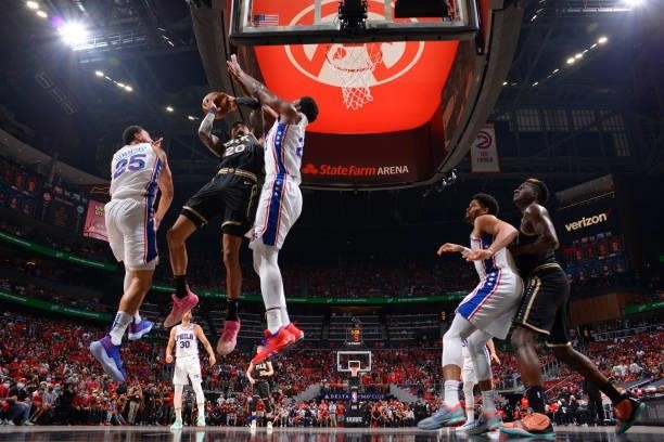 John Collins of the Atlanta Hawks shoots the ball against the Philadelphia 76ers during Round 2, Game 4 of the Eastern Conference Playoffs on June...