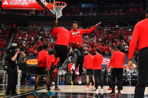 John Collins of the Atlanta Hawks reacts prior to a game against the Philadelphia 76ers during Round 2, Game 4 of the Eastern Conference Playoffs on...