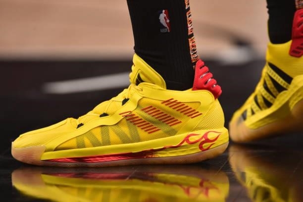 The sneakers worn by Bogdan Bogdanovic of the Atlanta Hawks during Round 2, Game 4 of the Eastern Conference Playoffs on June 14, 2021 at State Farm...