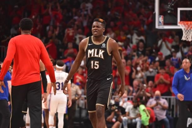 Clint Capela of the Atlanta Hawks reacts during a game against the Philadelphia 76ers during Round 2, Game 4 of the Eastern Conference Playoffs on...