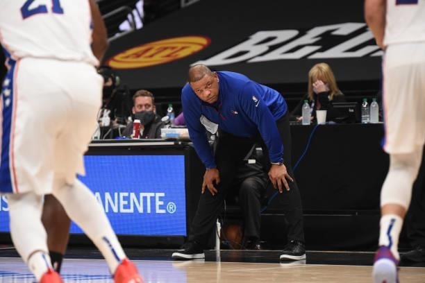 Head Coach Doc Rivers of the Philadelphia 76ers looks on during Round 2, Game 4 of the Eastern Conference Playoffs on June 14, 2021 at State Farm...
