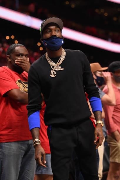 Rapper, Meek Mill, attends a game between the Philadelphia 76ers and the Atlanta Hawks during Round 2, Game 4 of the Eastern Conference Playoffs on...