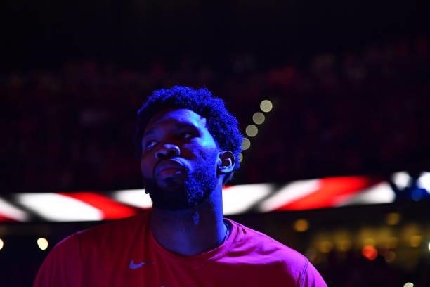 Joel Embiid of the Philadelphia 76ers looks on prior to a game against the Atlanta Hawks during Round 2, Game 4 of the Eastern Conference Playoffs on...