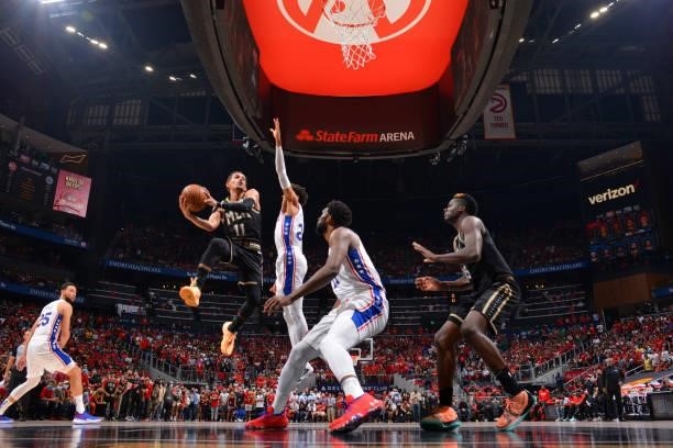 Trae Young of the Atlanta Hawks shoots the ball against the Philadelphia 76ers during Round 2, Game 4 of the Eastern Conference Playoffs on June 14,...