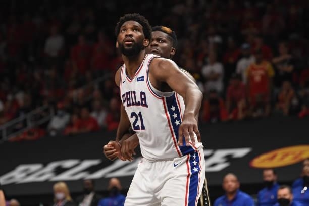 Joel Embiid of the Philadelphia 76ers looks on to rebound against the Atlanta Hawks during Round 2, Game 4 of the Eastern Conference Playoffs on June...
