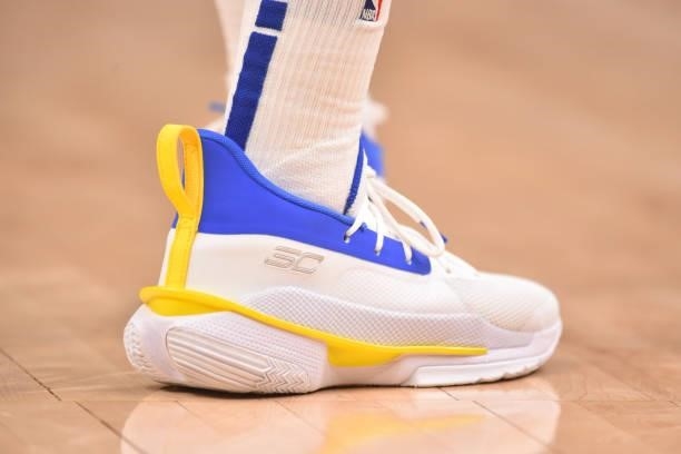 The sneakers worn by Seth Curry of the Philadelphia 76ers during Round 2, Game 4 of the Eastern Conference Playoffs on June 14, 2021 at State Farm...