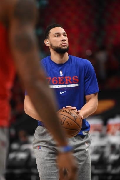 Ben Simmons of the Philadelphia 76ers warms up prior to a game against the Atlanta Hawks during Round 2, Game 4 of the Eastern Conference Playoffs on...