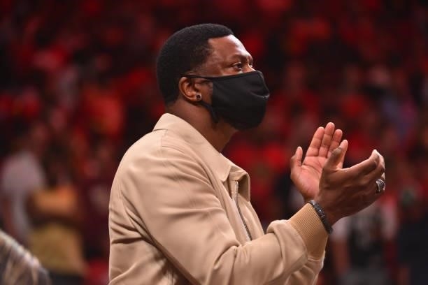 Comedian, Chris Tucker, reacts during a game between the Philadelphia 76ers and the Atlanta Hawks during Round 2, Game 4 of the Eastern Conference...