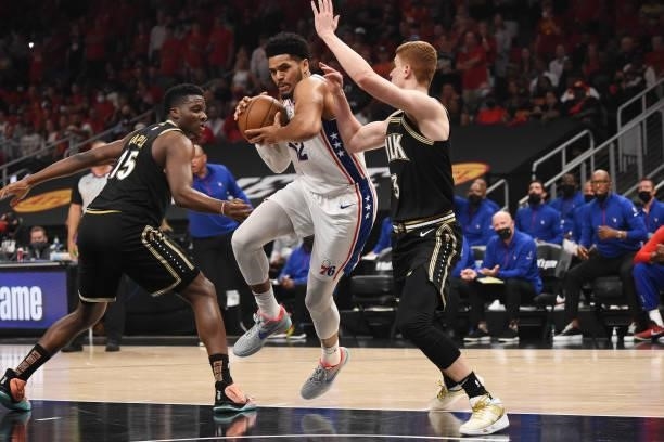 Tobias Harris of the Philadelphia 76ers drives to the basket against the Atlanta Hawks during Round 2, Game 4 of the Eastern Conference Playoffs on...