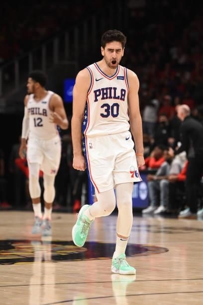 Furkan Korkmaz of the Philadelphia 76ers reacts during a game against the Philadelphia 76ers during Round 2, Game 4 of the Eastern Conference...