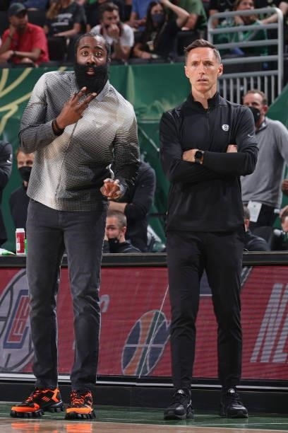 James Harden and Head Coach Steve Nash of the Brooklyn Nets looks on during Round 2, Game 3 of the 2021 NBA Playoffs on June 10, 2021 at the Fiserv...