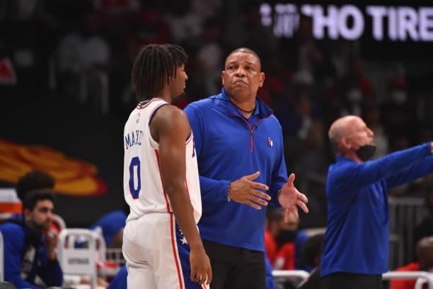 Head Coach Doc Rivers and Tyrese Maxey of the Philadelphia 76ers talk during Round 2, Game 4 of the Eastern Conference Playoffs on June 14, 2021 at...