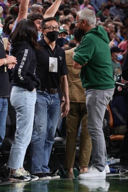 Brooklyn Nets owner, Joe Tsai and co-owner Marc Lasry attend the game between the Brooklyn Nets and the Milwaukee Bucks during Round 2, Game 3 of the...