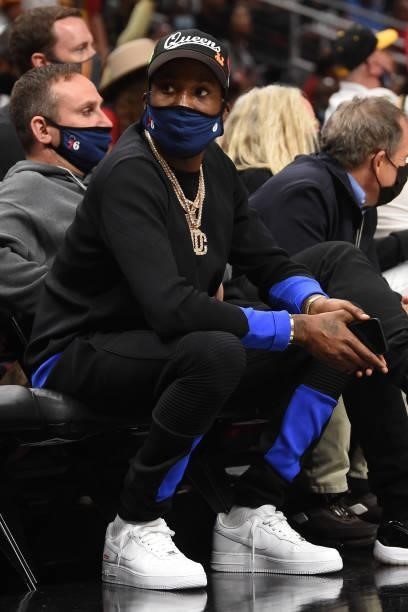 Rapper, Meek Mill, attends a game between the Philadelphia 76ers and the Atlanta Hawks during Round 2, Game 4 of the Eastern Conference Playoffs on...