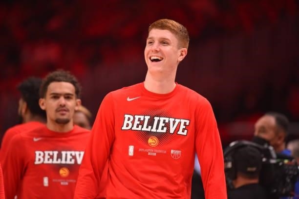 Kevin Huerter of the Atlanta Hawks smiles prior to a game against the Philadelphia 76ers during Round 2, Game 4 of the Eastern Conference Playoffs on...