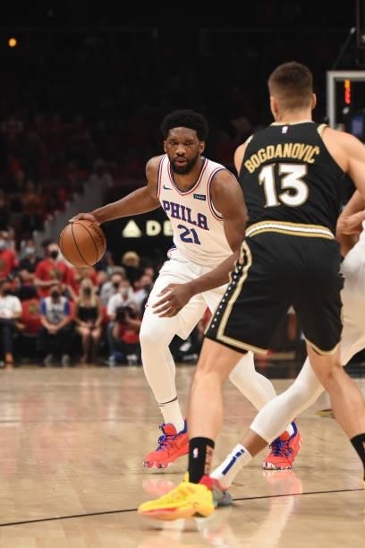Joel Embiid of the Philadelphia 76ers handles the ball against the Atlanta Hawks during Round 2, Game 4 of the Eastern Conference Playoffs on June...