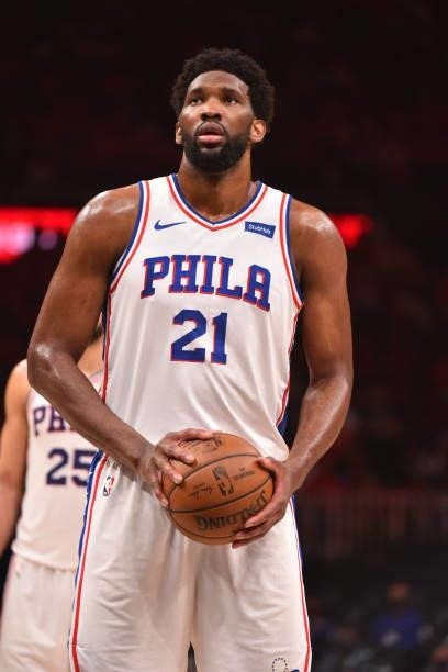Joel Embiid of the Philadelphia 76ers shoots a free throw during a game against the Atlanta Hawks during Round 2, Game 4 of the Eastern Conference...