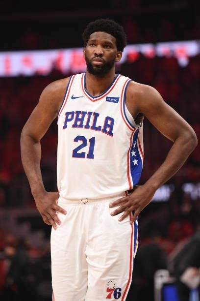 Joel Embiid of the Philadelphia 76ers looks on during a game against the Atlanta Hawks during Round 2, Game 4 of the Eastern Conference Playoffs on...