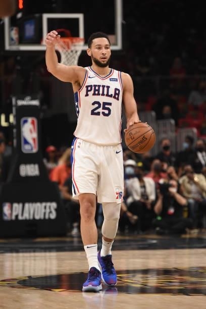 Ben Simmons of the Philadelphia 76ers handles the ball against the Atlanta Hawks during Round 2, Game 4 of the Eastern Conference Playoffs on June...