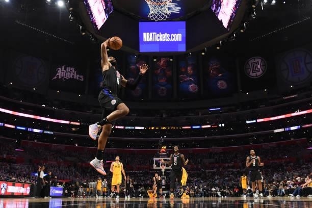 Marcus Morris Sr. #8 of the LA Clippers dunks the ball against the Utah Jazz during Round 2, Game 4 of the 2021 NBA Playoffs on June 14, 2021 at...
