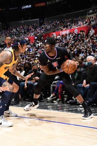 Reggie Jackson of the LA Clippers dribbles the ball during Round 2, Game 4 of 2021 NBA Playoffs on June 14, 2021 at STAPLES Center in Los Angeles,...
