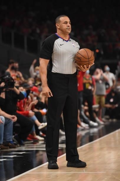 Referee Curtis Blair looks on during Round 2, Game 4 of the Eastern Conference Playoffs on June 14, 2021 at State Farm Arena in Atlanta, Georgia....