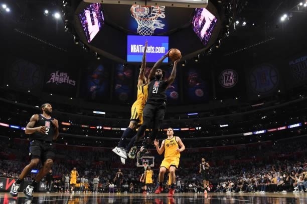 Patrick Beverley of the LA Clippers drives to the basket against the Utah Jazz during Round 2, Game 4 of the 2021 NBA Playoffs on June 14, 2021 at...