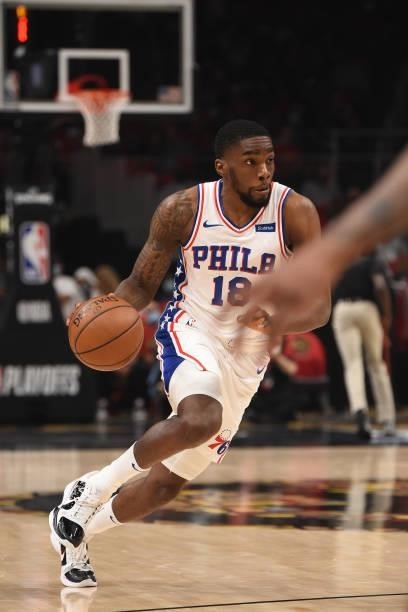 Shake Milton of the Philadelphia 76ers handles the ball against the Atlanta Hawks during Round 2, Game 4 of the Eastern Conference Playoffs on June...